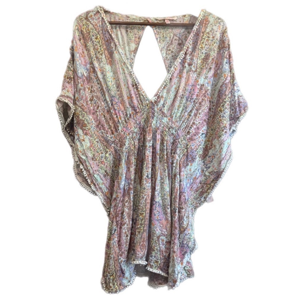 Victoria's Secret Cover Up Women L Pink Paisley Smocked Pom Pom Trim Excellent